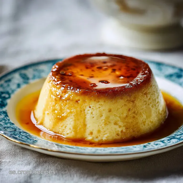 A single slice of creamy flan de queso on a white plate, glistening with caramel. Garnished with fresh mint leaves for a p...