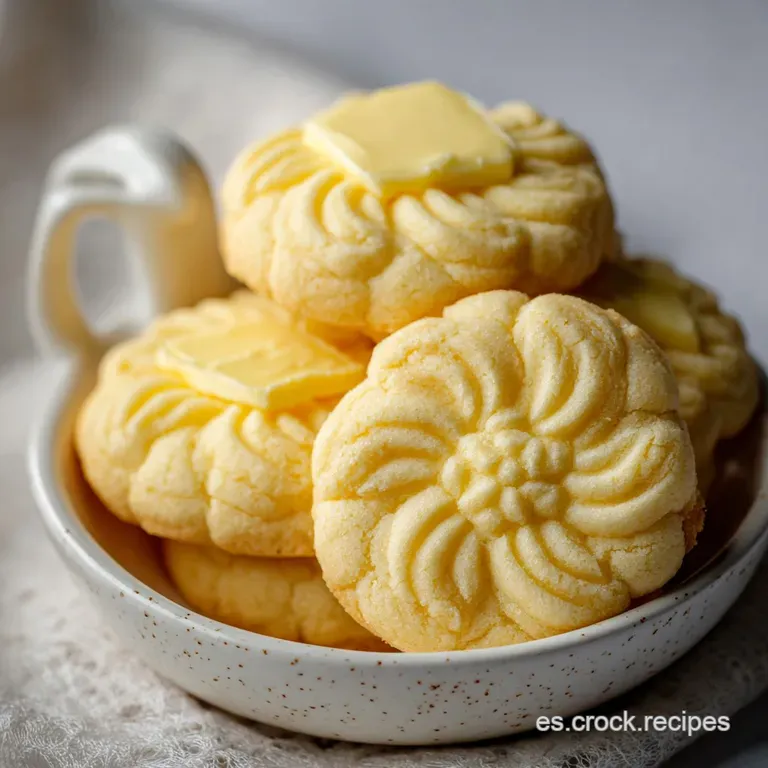Delicate butter cookies stacked artfully on a vintage plate, hinting at buttery sweetness and a melt-in-your-mouth texture.