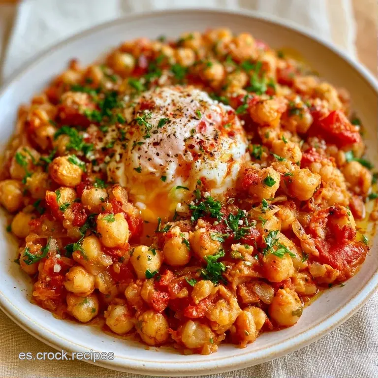 Garbanzos cremosos en plato blanco, coronados por un huevo perfecto y gotas de aceite dorado con especias rojas.