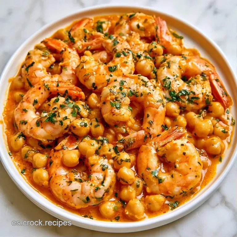 Montaje sofisticado de garbanzos cremosos y langostinos curvados sobre plato blanco, adornado con perejil fresco verde.