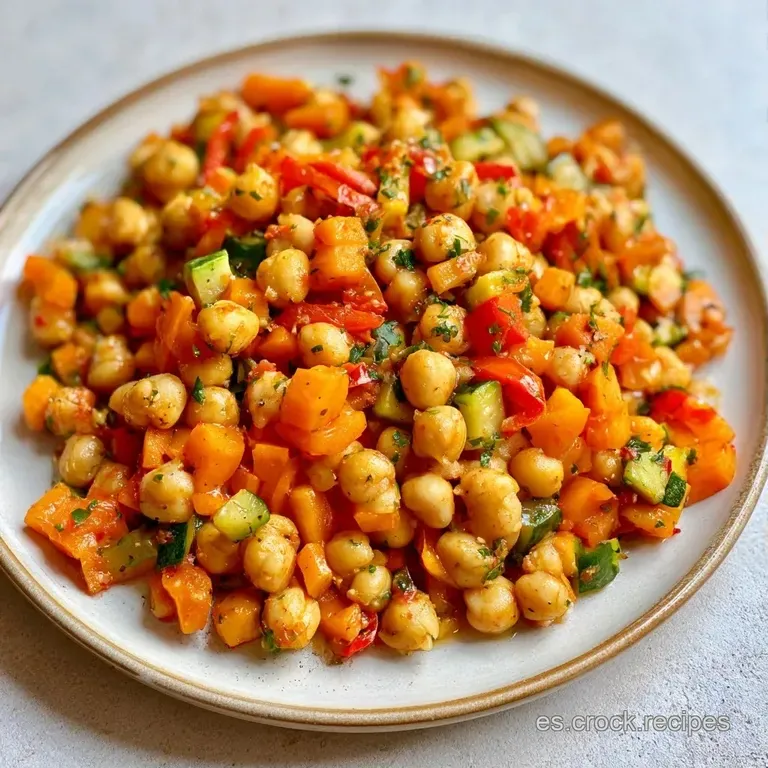 Guiso servido en plato blanco; garbanzos tiernos mezclados con trozos de verdura colorida y un toque de perejil fresco.