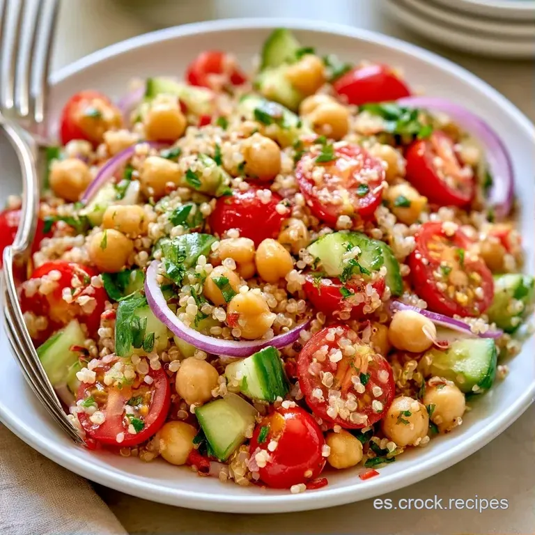 Plato blanco con una base de quinoa esponjosa, garbanzos tersos y trozos de pimiento rojo vibrante y fresco.