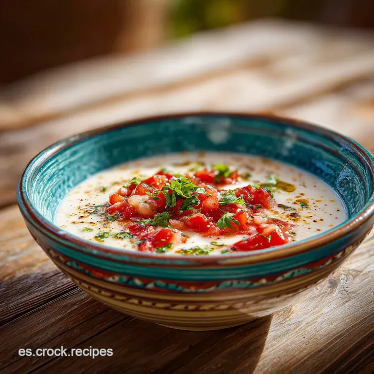 Warm, comforting bowl of Gazpacho Manchego with toasted bread, and tender meat, garnished with vibrant green herbs in a wh...