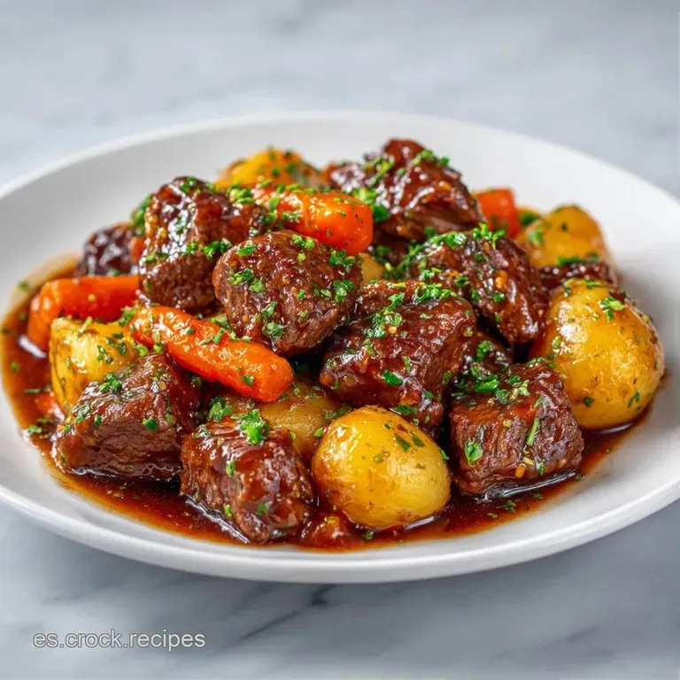 Plato hondo con cocido humeante, salsa brillante color &aacute;mbar y peque&ntilde;os trozos de perejil fresco sobre la carne.