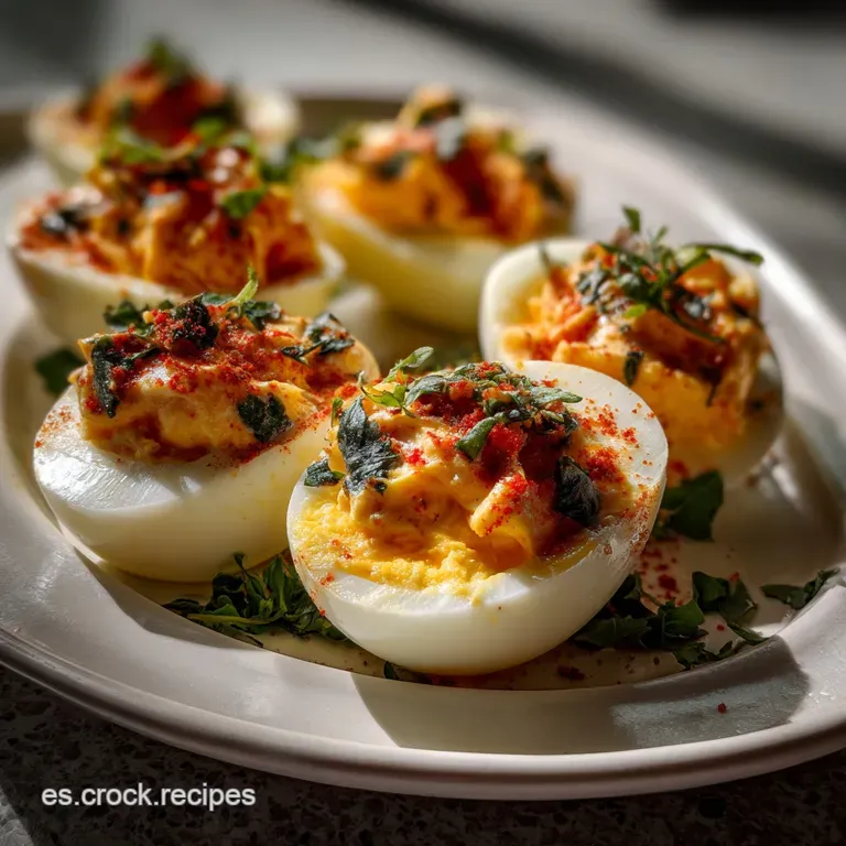 Elegant plate of stuffed eggs, meticulously arranged with a sprinkle of herbs and a drizzle of olive oil. Appetizing and v...