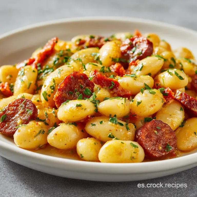 A spoonful of tender white beans and savory chorizo, plated beautifully with a swirl of olive oil and a sprinkle of paprika.