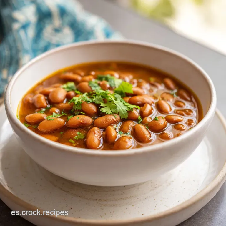 Plated serving of pinto bean stew, garnished with a sprig of parsley, highlighting the beans' soft texture and the broth's...