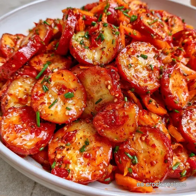 Rodajas de pepino brillantes en salsa roja, dispuestas armoniosamente en un cuenco blanco con cebollino fresco.