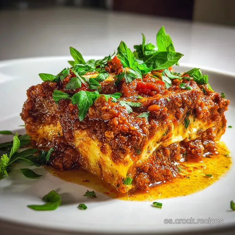 Slice of homemade lasagna with browned, crispy edges resting on a white plate, inviting steam rising, garnished with fresh...