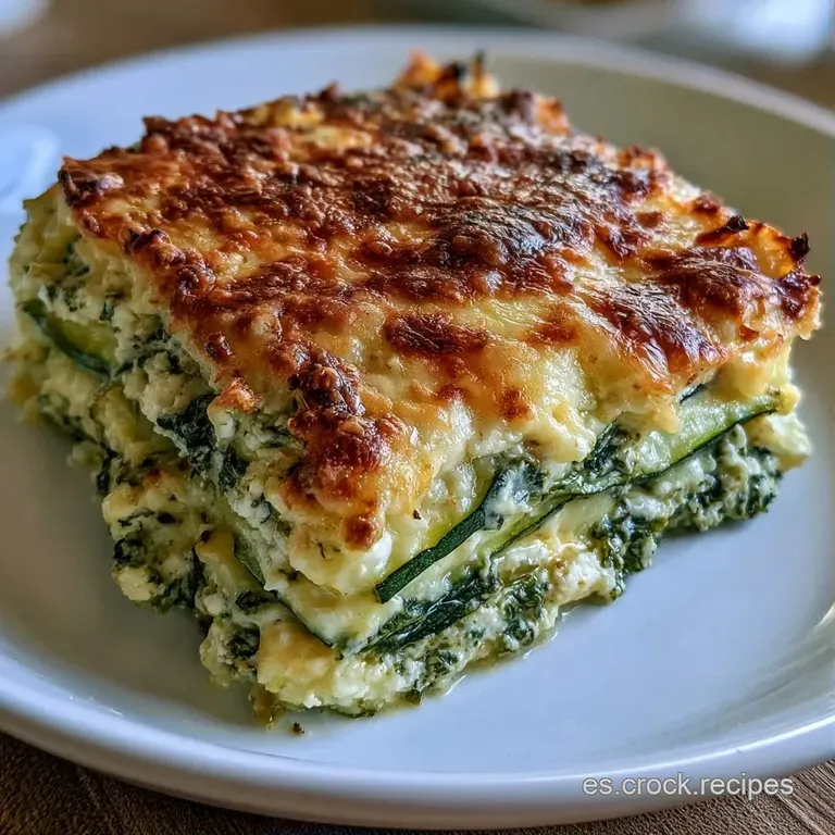 Porci&oacute;n cuadrada de l&aacute;minas verdes y queso cremoso en plato blanco, decorada con albahaca fresca y gotas de aceite.