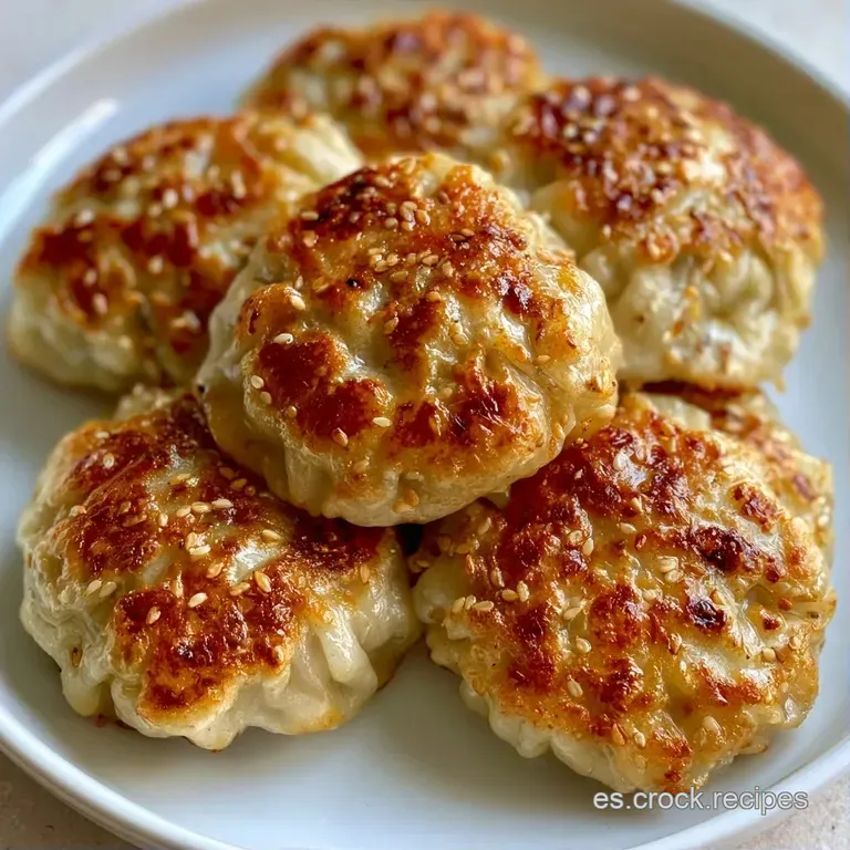 Disposición simétrica de dumplings blancos al vapor con pliegues delicados y un cuenco pequeño de salsa roja brillante.