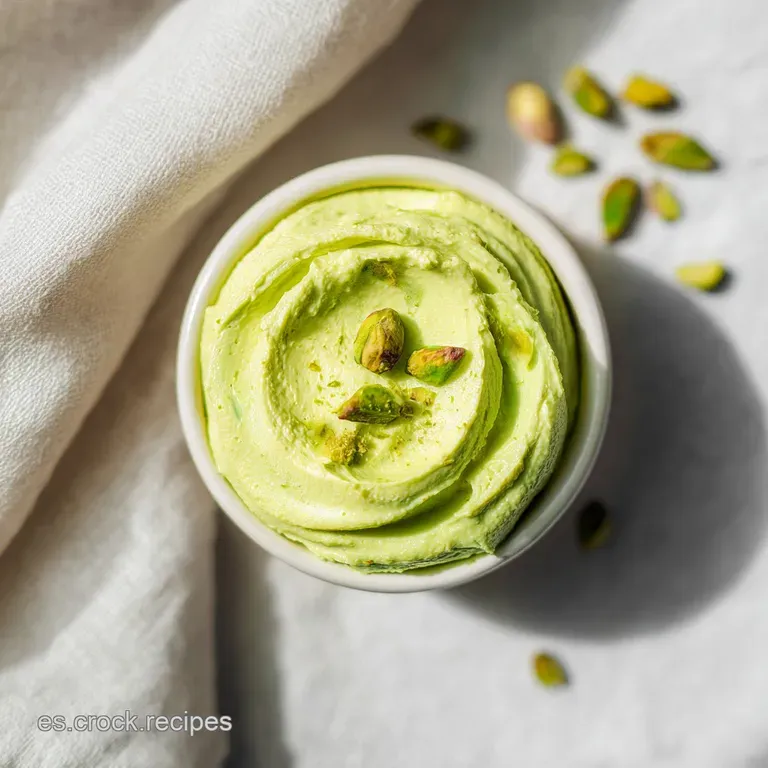 A swirl of vibrant green pistachio butter artfully spooned onto a rustic ceramic dish, garnished with whole nuts.