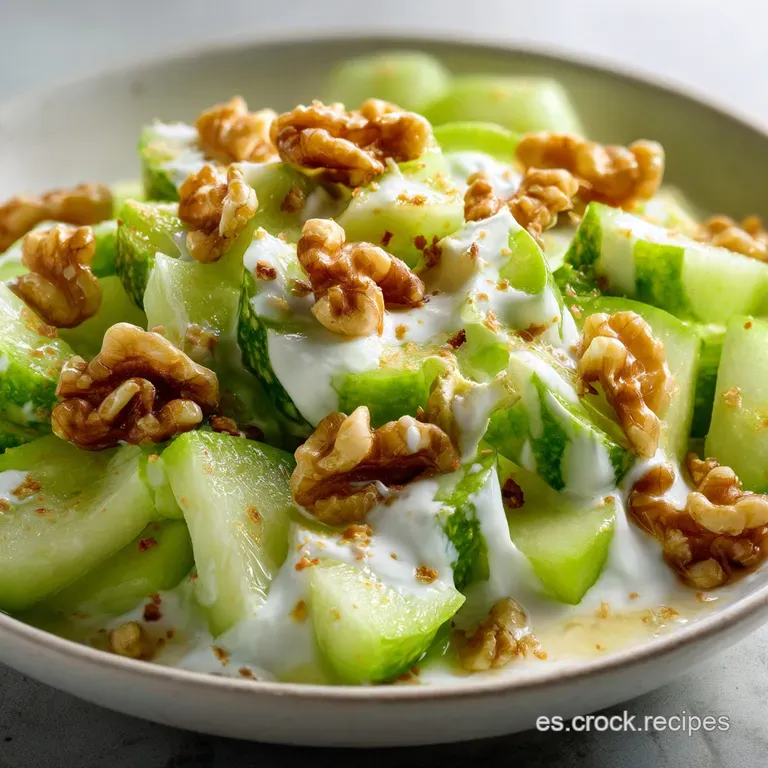 A beautifully plated green apple salad. Crisp apple pieces mingle with toasted nuts, drizzled with a light, luscious sauce.
