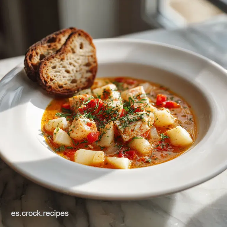Steaming bowl of hearty marmitako, vibrant with tomatoes and peppers, garnished with a sprig of parsley, inviting warmth a...