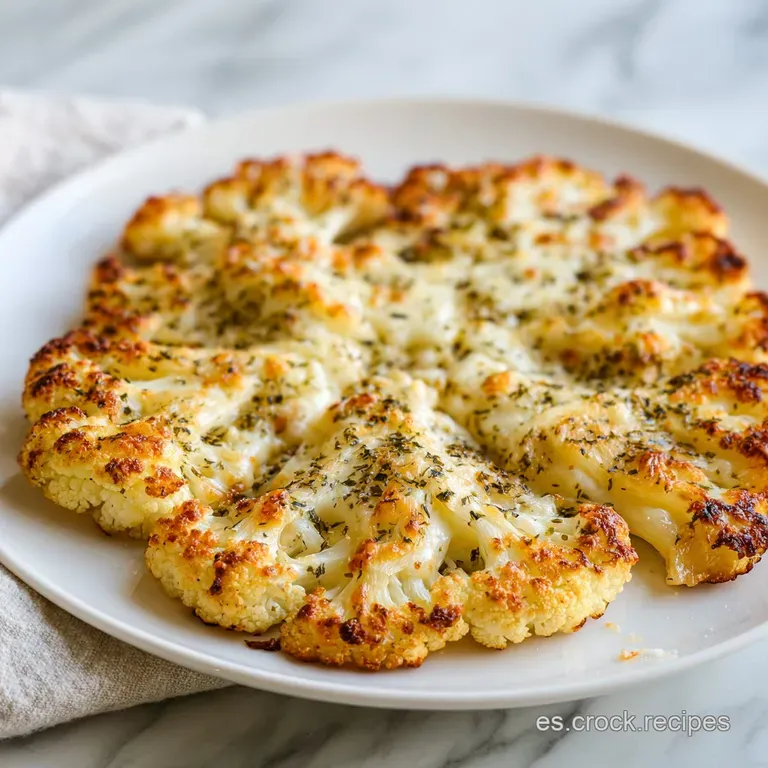 A slice of crisp cauliflower crust pizza lifted from a rustic board, showing a long, gooey melted cheese pull.