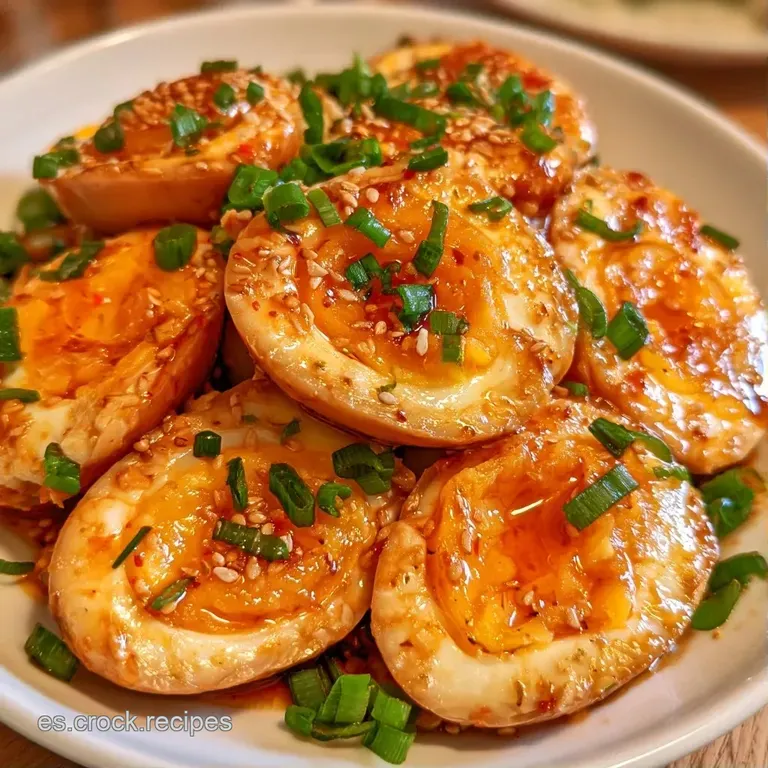 Huevos cortados a la mitad con yemas brillantes y cremosas sobre una base de salsa oscura y especias coloridas.