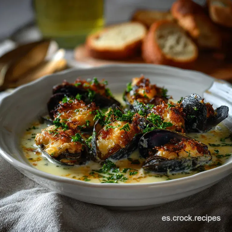 Elegant white plate showcasing a trio of gratinated mussels, glistening sauce, a delicate sprig of parsley, a sophisticate...