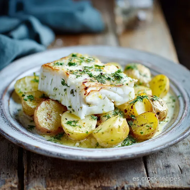 Flaky white cod rests on tender potatoes with vibrant parsley. A light drizzle of olive oil glistens.