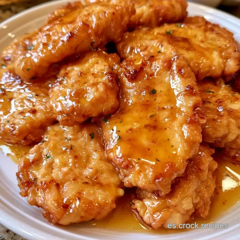 Pollo glaseado dispuesto en plato blanco con trazos de salsa espesa y amarilla, decorado con hojas verdes brillantes.