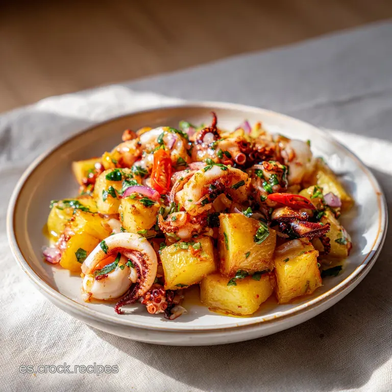 Rustic plate of crispy potatoes mingled with tender, dark cuttlefish; garnished simply with vibrant green parsley sprigs. ...