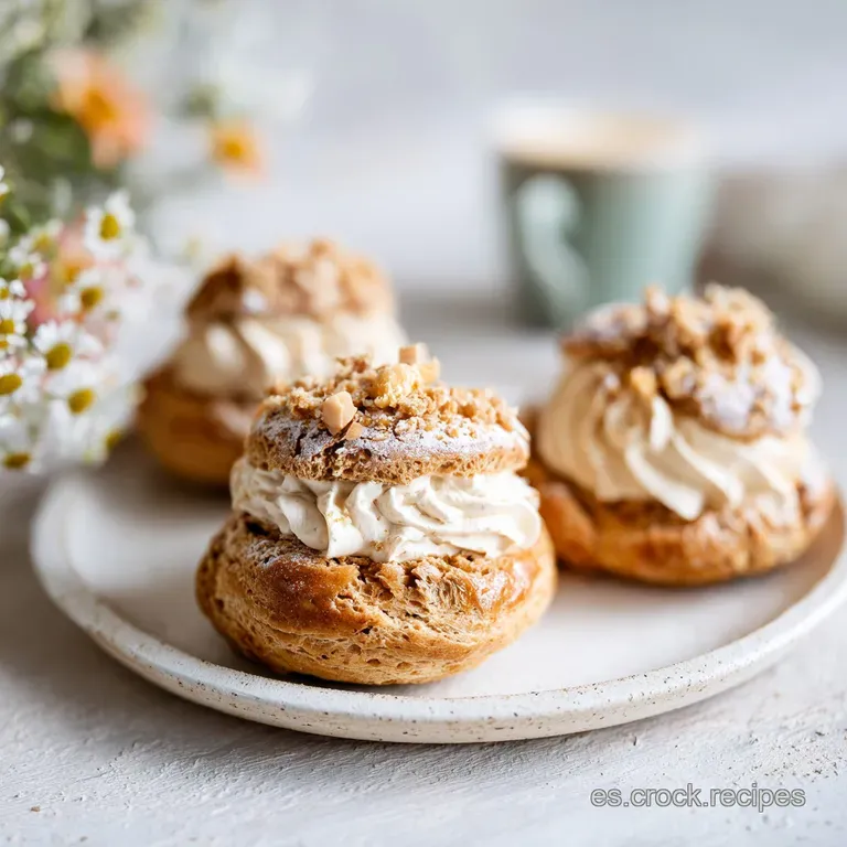 Elegant slice of cream-filled pastry on a white plate, powdered sugar dusting. Nutty cream layers peek out invitingly.