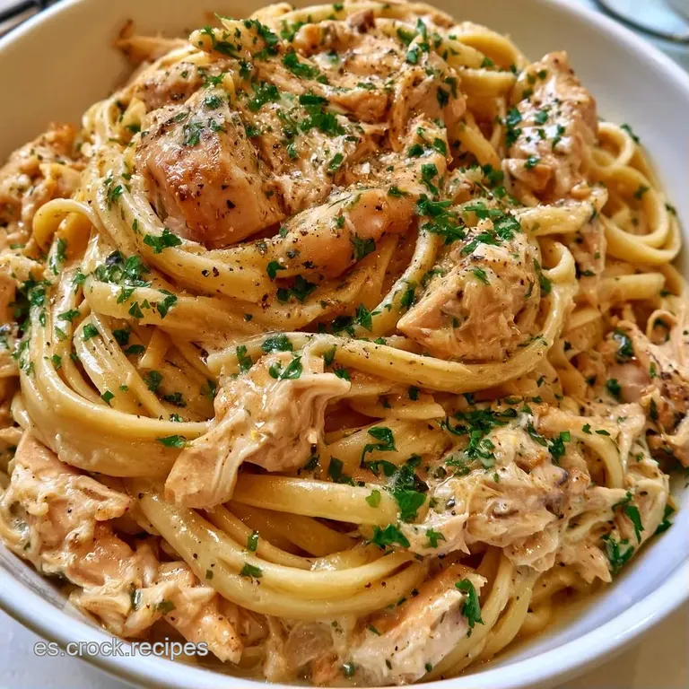Pasta dispuesta en un plato blanco circular con trozos de pollo jugosos y un toque de pimienta negra molida.