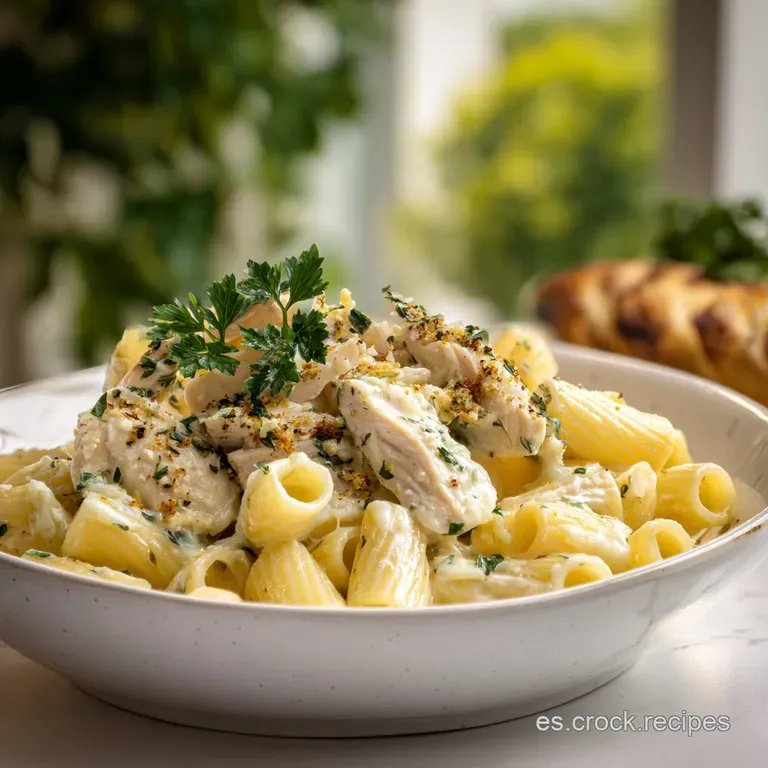 Elevated view of spiraled pasta twirled on a plate, dotted with grilled chicken pieces, creamy mozzarella, & fresh herbs.