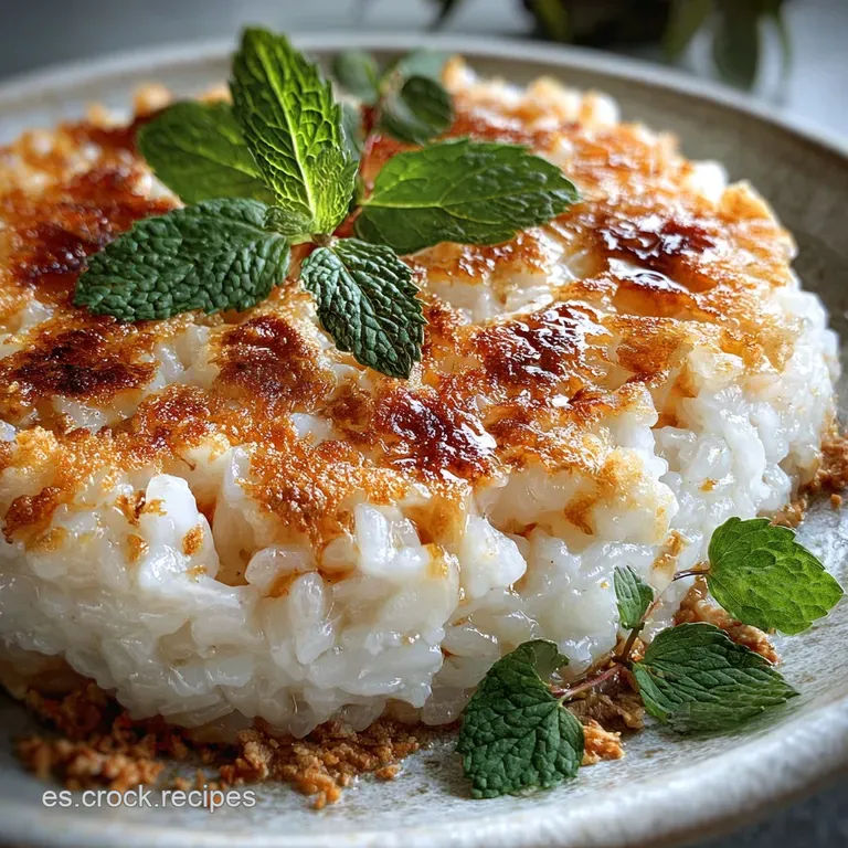 A rustic Pastel de Arroz slice steaming on a plate, unfurling from its leaf wrapper. Earthy hues and soft, moist grains vi...