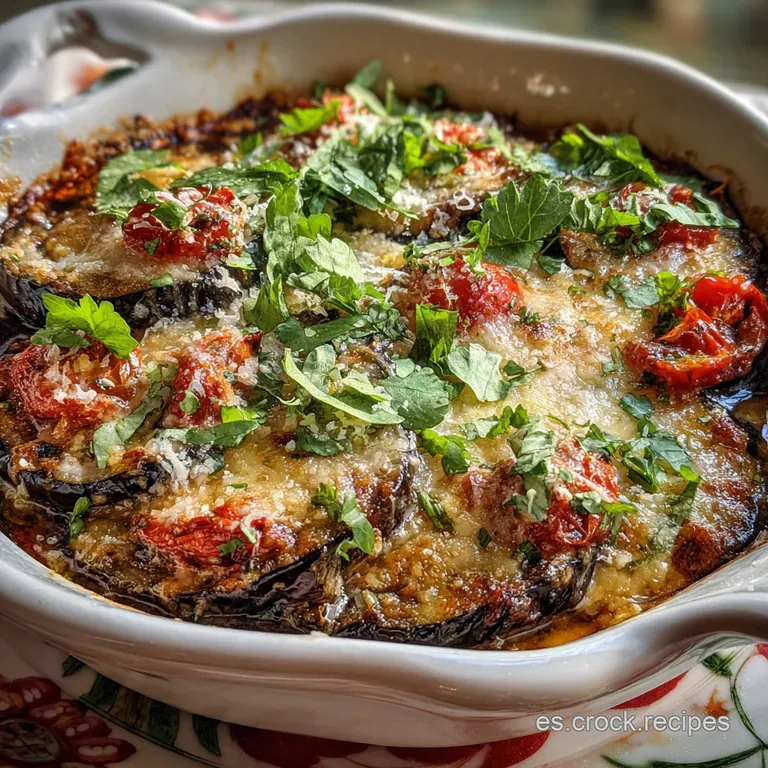 Slice of warm eggplant casserole plated with fresh herbs. The creamy filling peeks through its crispy, golden-brown top.