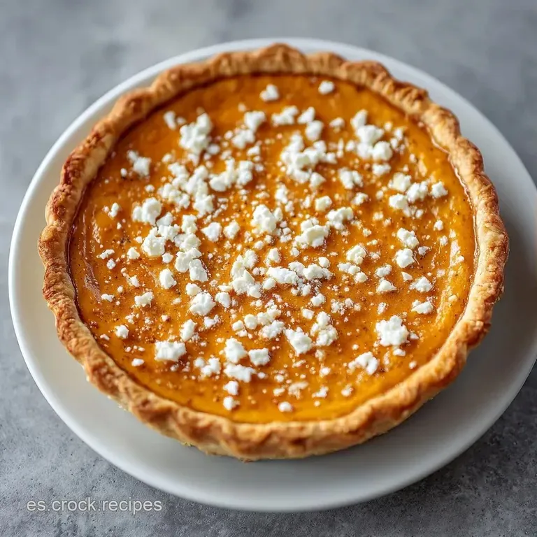 Porci&oacute;n triangular de bizcocho anaranjado sobre plato blanco, adornada con hojas verdes y queso derretido y brillante.