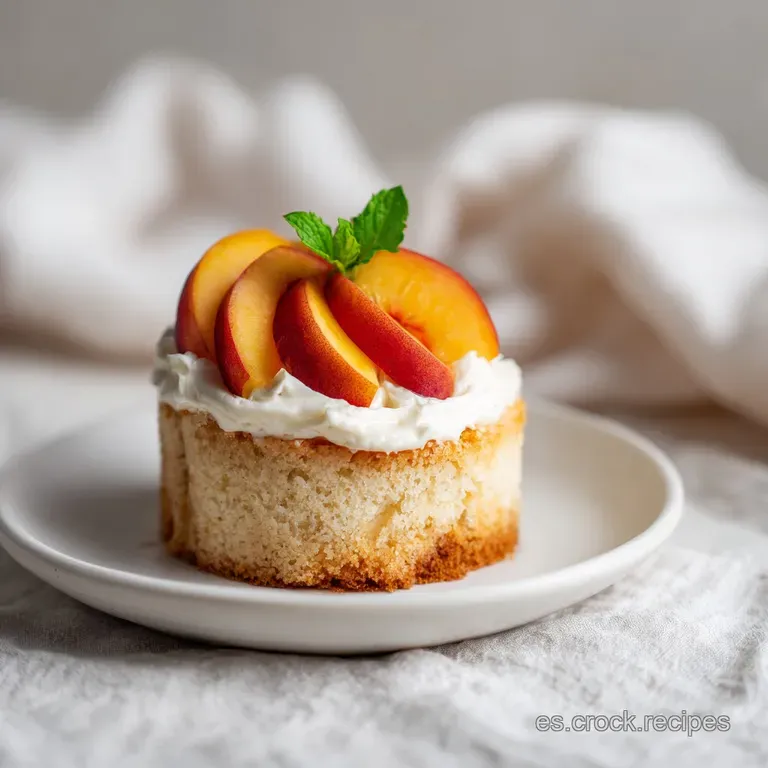 A wedge of peach pie on a white plate with whipped cream, showing the creamy filling and flaky crust. Soft peach hues.