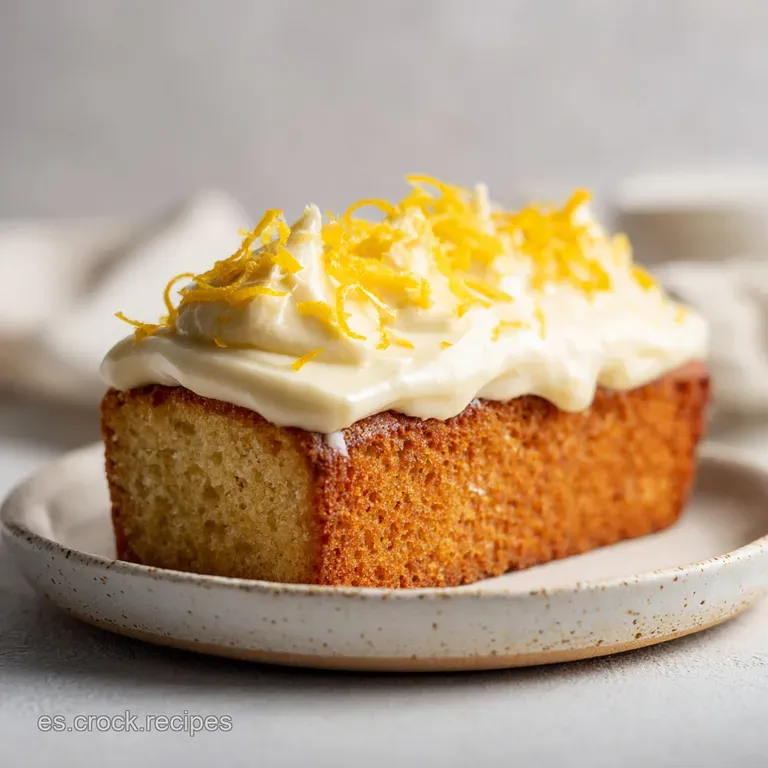 Slice of lemon cake with creamy frosting, adorned with a candied lemon peel, sits elegantly on a white plate.
