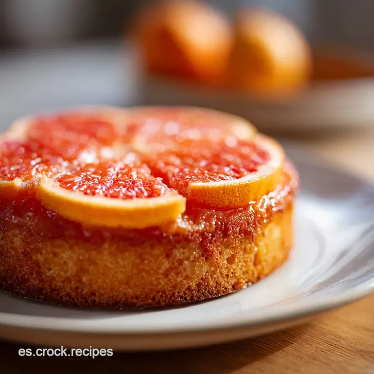 Slice of grapefruit cake on a white plate, revealing a moist crumb and a delicate citrus aroma. Glistening glaze.