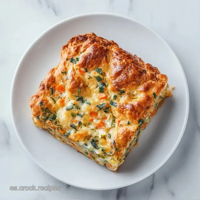 Porci&oacute;n triangular de masa cremosa con capas de vegetales coloridos, adornada con perejil fresco en plato blanco.