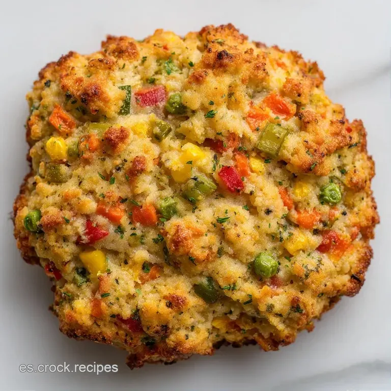 Porci&oacute;n cuadrada de pastel vegetal sobre plato blanco, con salsa cremosa cayendo y una hoja de perejil fresco arriba.