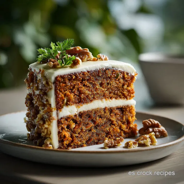 Slice of carrot cake on a white plate. Creamy frosting swirl, grated carrot garnish. Delicate, rustic, and utterly tempting.
