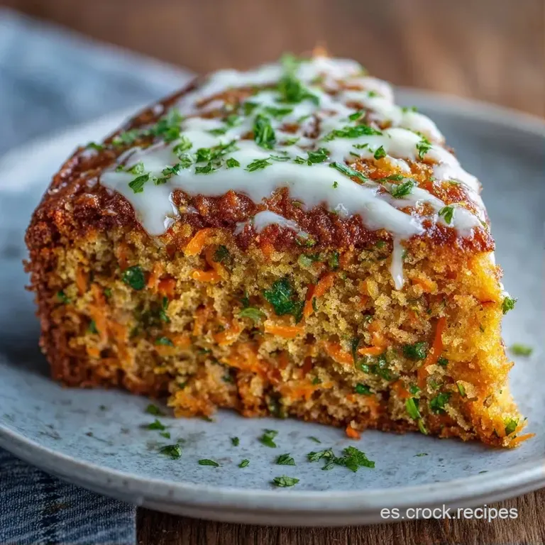 Rebanada de bizcocho anaranjado sobre plato cer&aacute;mico, decorada con gotas de crema blanca y hojas verdes frescas.