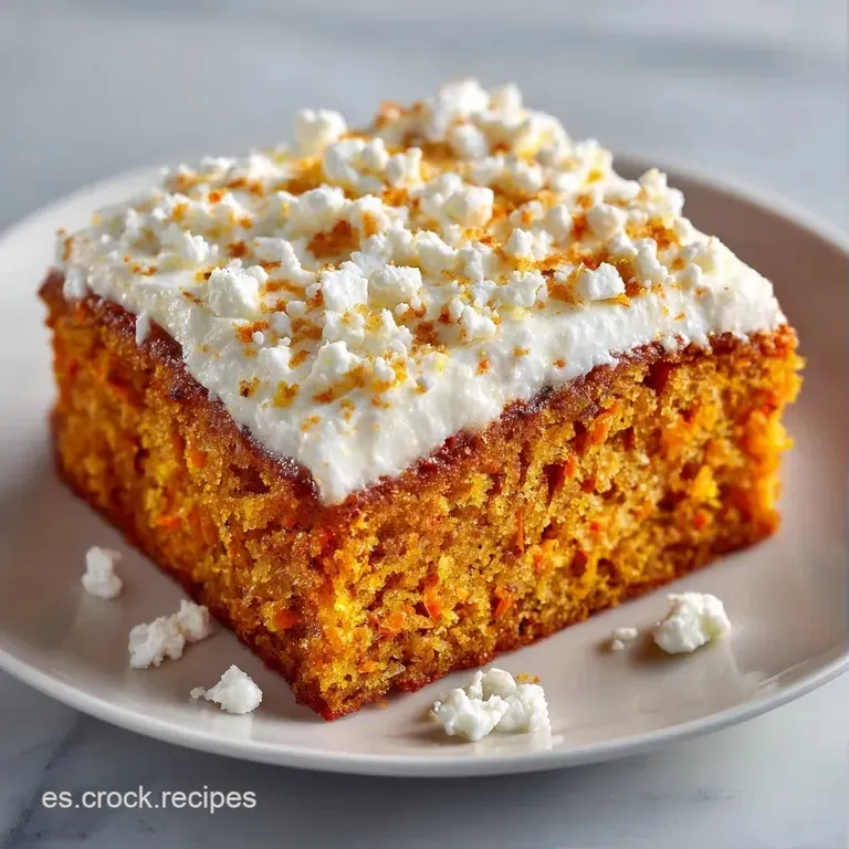 Rebanada de pastel esponjoso y anaranjado sobre plato blanco, decorada con queso feta blanco y un toque de verde fresco.