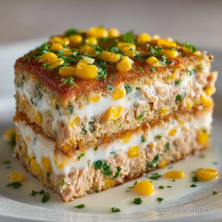 Rebanada de pastel dorado en plato blanco con ensalada fresca de hojas verdes y tomates cherry rojos al costado.