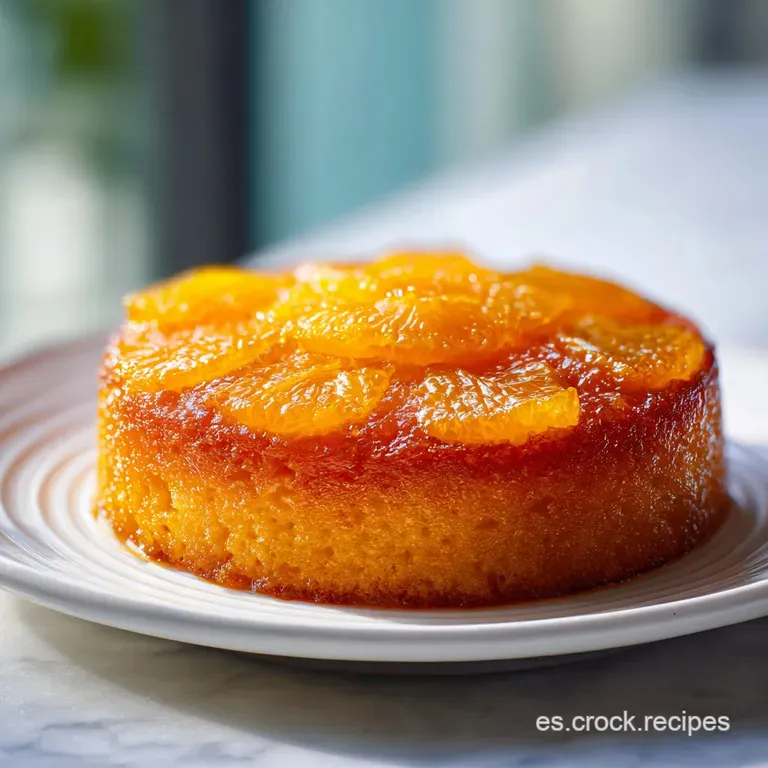 Slice of moist upside-down cake with bright mandarin oranges, sitting next to a dollop of fresh whipped cream and mint sprig.