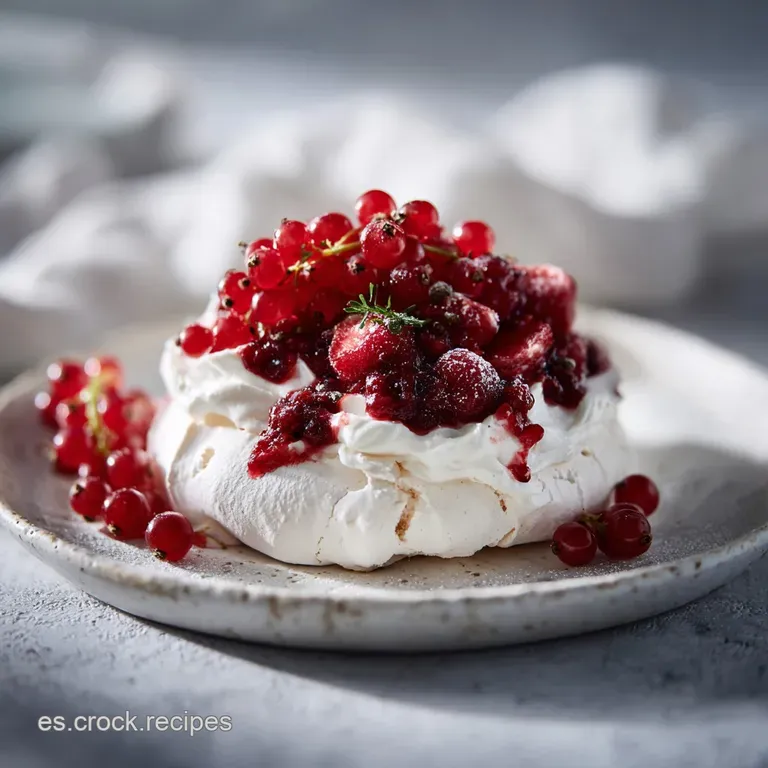 Elegant slice of airy pavlova with ruby red berries and creamy whipped topping presented on a delicate floral plate.