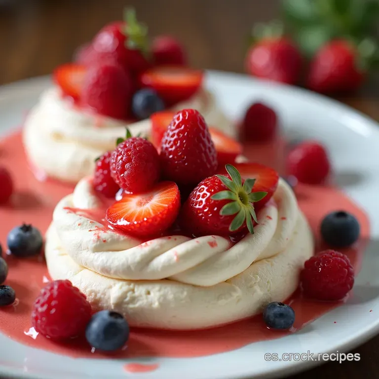 Suspiros de Primavera Pavlovas Individuales Rosadas con Coraz&oacute;n de Frutos Rojos