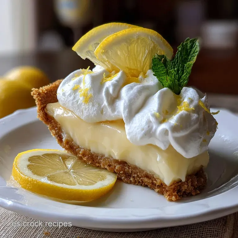 A vibrant slice of lemon pie sits on a white plate. The filling is smooth and the crust golden, sprinkled with powdered su...
