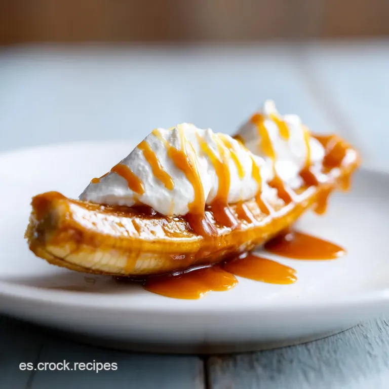 Slice of creamy banana pie with a dark caramel drizzle sits elegantly on a white plate, inviting the first bite of layered...