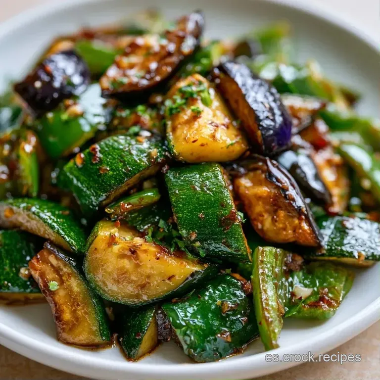 Elegante plato blanco con verduras guisadas brillantes, gotas de aceite dorado y una hoja de perejil verde fresco.