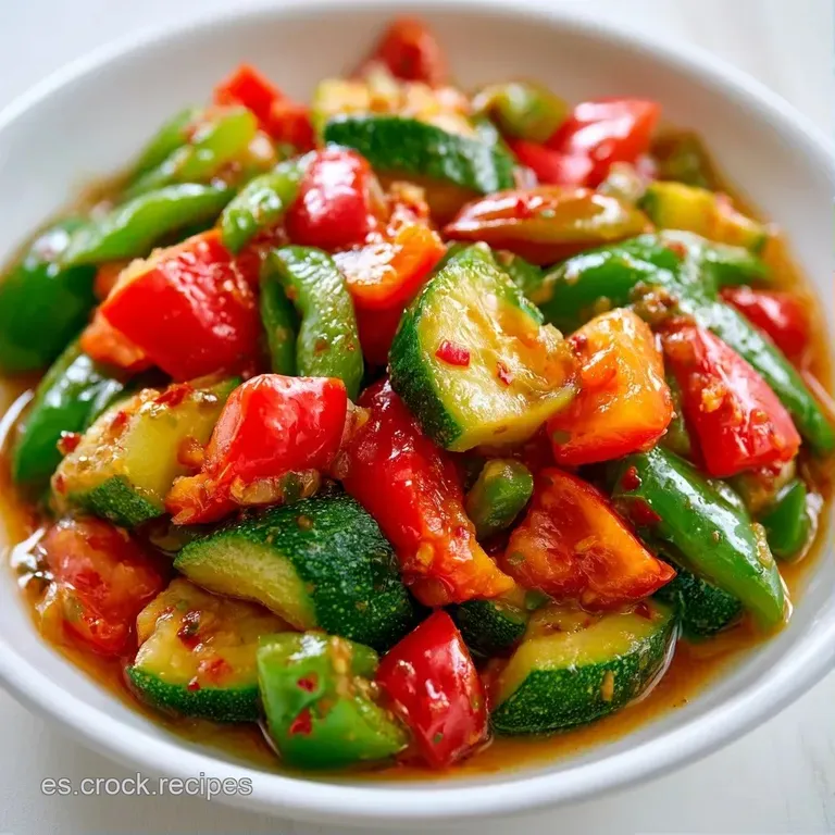 Guiso de hortalizas troceadas en colores vibrantes, servido en plato blanco con un hilo de aceite dorado encima.