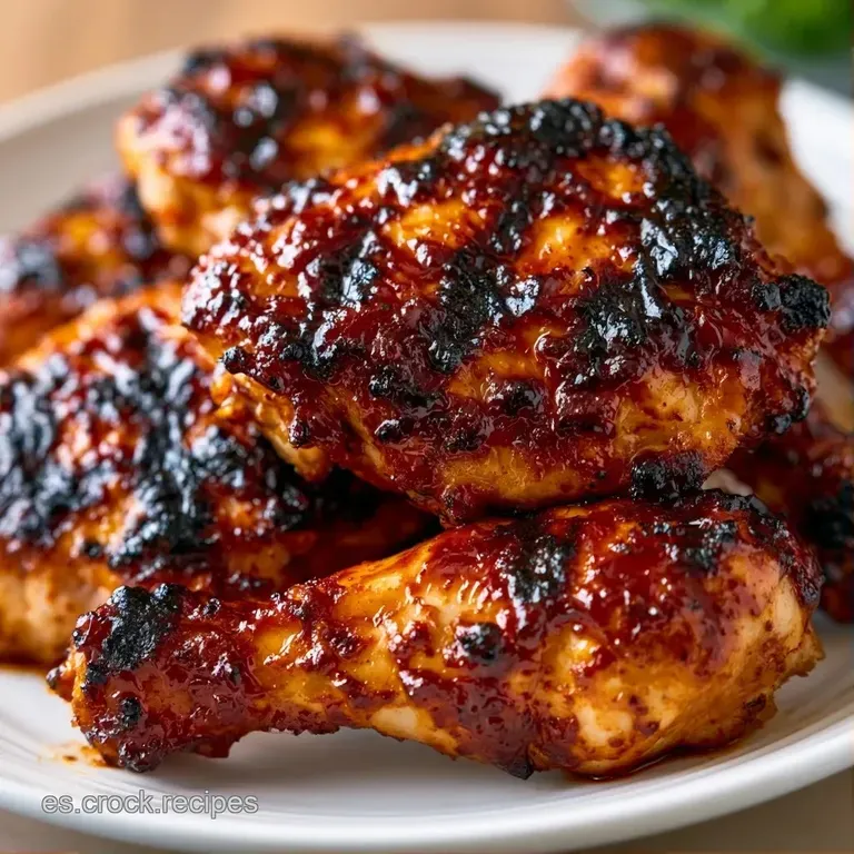 Muslo de pollo dorado con costra caramelizada, servido sobre pur&eacute; cremoso y decorado con una rama de perejil verde.