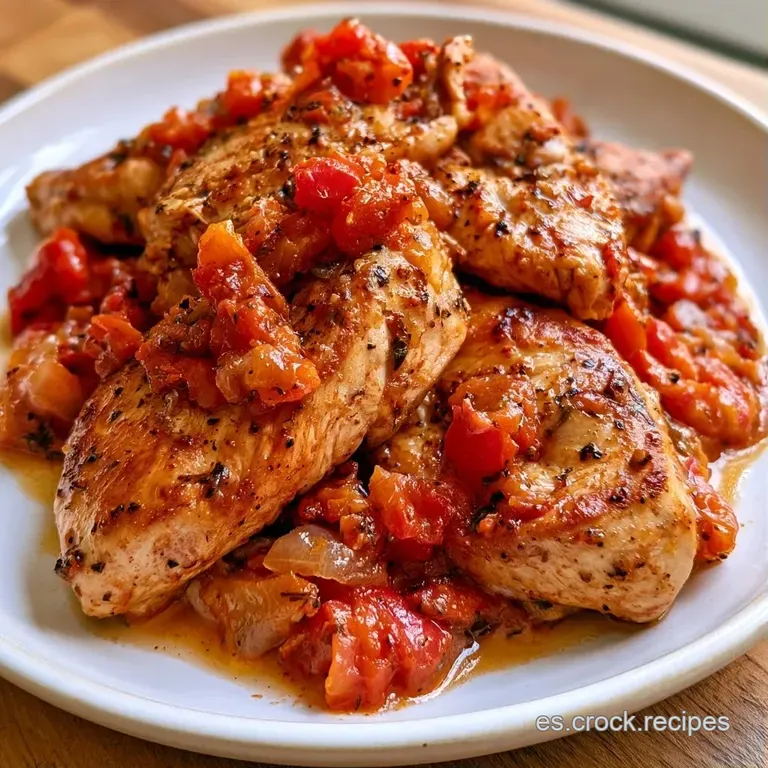 Pollo jugoso servido en plato blanco, resaltando la salsa brillante y roja con adornos de perejil fresco y verde vivo.