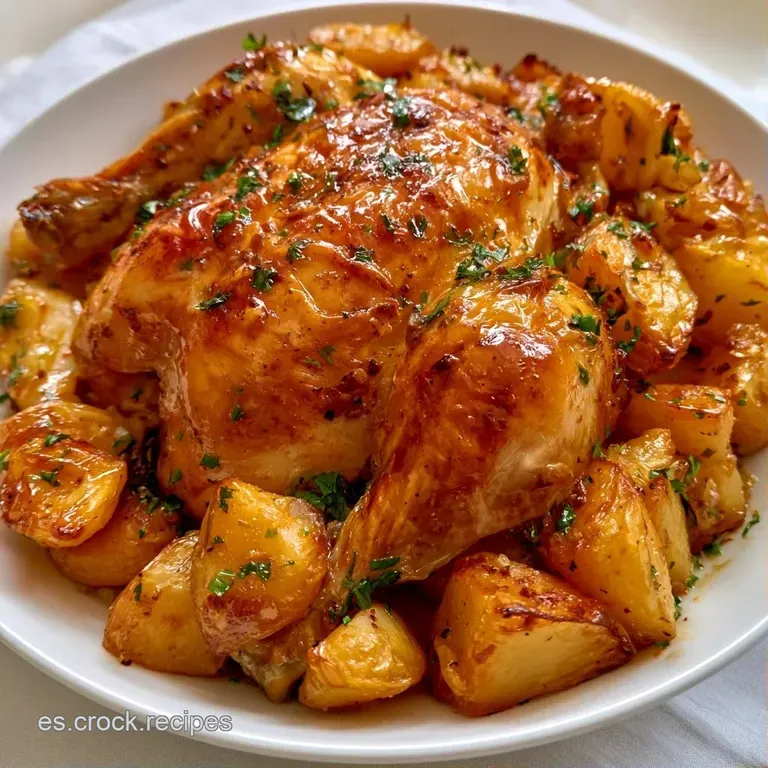 Pieza de ave dorada sobre plato blanco con gotas de salsa brillante y una rama de perejil fresco muy verde.