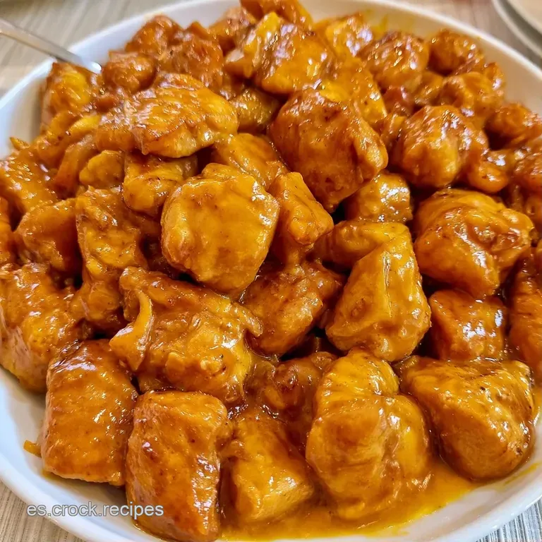 Trozos de pollo glaseados y piña jugosa dispuestos armoniosamente en un plato cerámico con un toque de verde fresco.